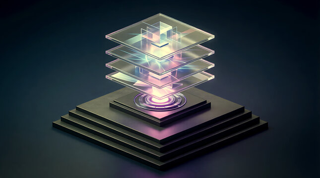 AI Pitch Deck Orchestration Ecosystem Wide Isometric 3D Visualization with Layered Holographic Slide Stack for Enterprise Storytelling Technology