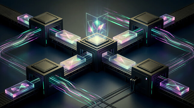 AI Automated Content Factory Production Line Wide Isometric 3D Visualization for Enterprise Content Scaling Technology