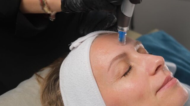 Cosmetologist performing a microneedling mesotherapy procedure on a woman's forehead in a spa