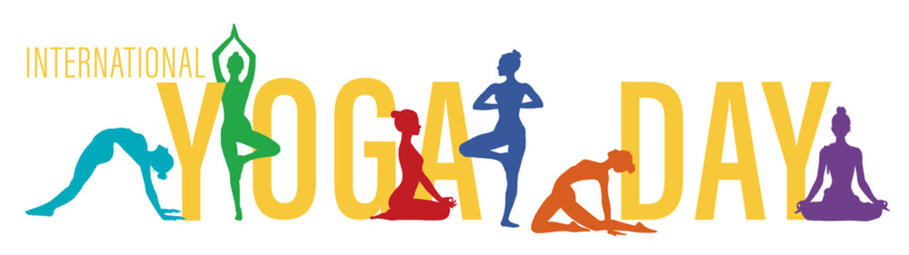 International Yoga Day vector Illustration with text, banner greeting card - Group of silhouette of women in different yoga posture, isolated on white background