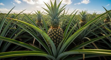 Fototapeta premium Vibrant Pineapple Field Under a Clear Sky - Tropical Fruit Cultivation.