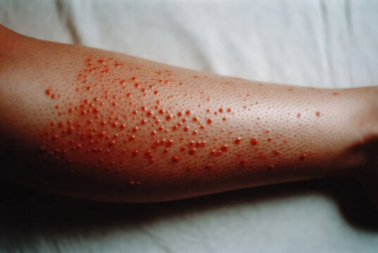 A forearm with numerous small, red bumps resembling pustules.