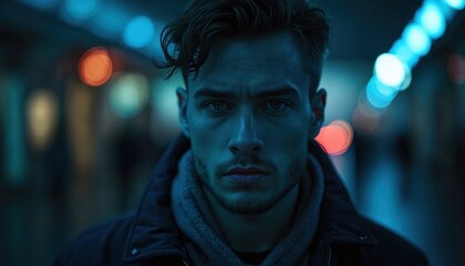 Fototapeta premium Young man looks seriously into camera, lit by blue neon. Blurred city lights create bokeh background. Dark, moody portrait with modern, urban vibe. Intense gaze, sharp features, stylish scarf.