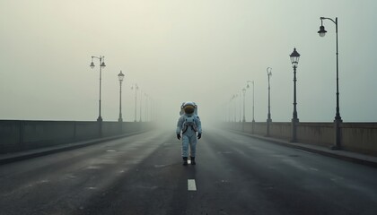 Fototapeta premium Astronaut walks on foggy road bridge with street lamps. Solitary figure travels through mist on deserted path. Space explorer journey begins in mysterious atmosphere.