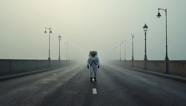 Astronaut walks on foggy road bridge with street lamps. Solitary figure travels through mist on deserted path. Space explorer journey begins in mysterious atmosphere.