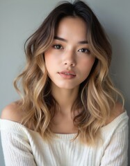 Fototapeta premium Young woman with wavy brown and blonde hair poses on gray background. She wears off shoulder sweater, beauty portrait, confidence and style.
