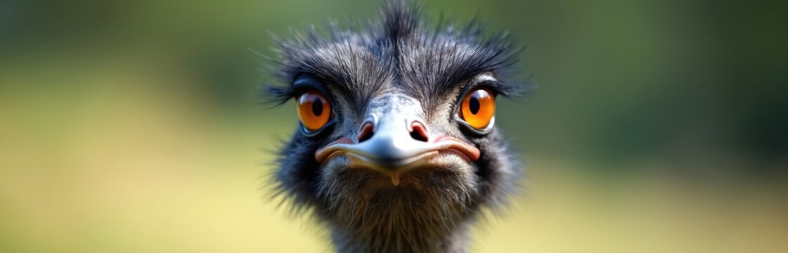 Close up portrait of ostrich face with bright orange eyes. Big bird dark grey feathers, pointed beak. Textured plumage stands out against soft green background. Focus sharp on avian details.