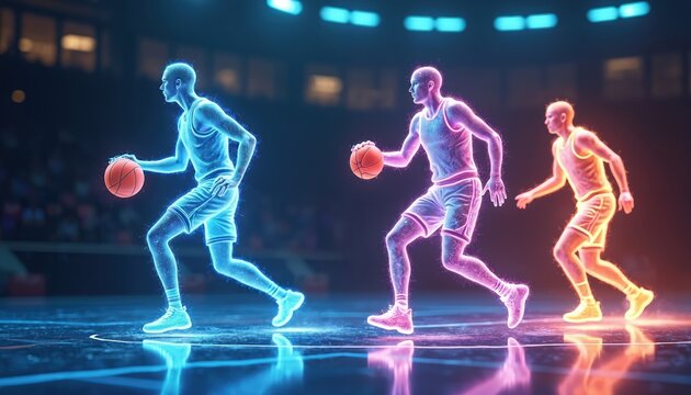 Three holographic basketball players move on court. Dribbling ball, future tech game. Neon lights illuminate athletes, stadium atmosphere. Energy particles glow brightly.