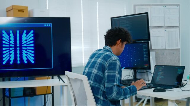Young male,Adult female freelance typing write prompt AI bot IT app smart program,develop agentic ai,terminal with coding language,ux ui interface,designer,big data server center,quantum computer.