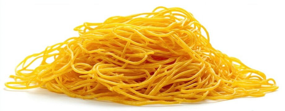 The noodles mound of fresh yellow egg strands isolated on white background for culinary photography