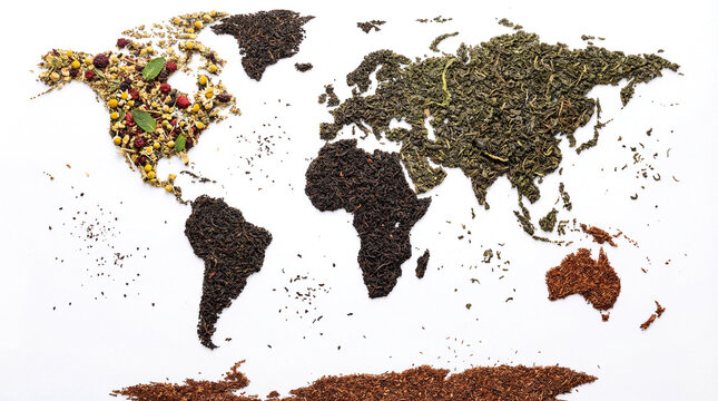 World map made of various tea leaves, herbal infusions and dried flowers, creative food art illustration isolated on white background