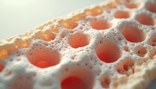 Close up view of spongy bone tissue surface. Trabecular bone structure with marrow spaces and small porous holes. Healthy bone formation and regeneration concept.