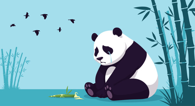 Heartbroken giant panda bear sitting and crying next to a broken bamboo stalk in a bamboo forest during a gloomy blue day for kids.