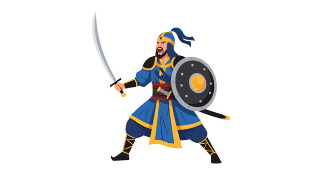 Valiant ancient soldier in blue and gold armor holding a scimitar and a shield while shouting in a powerful fighting stance for battle.