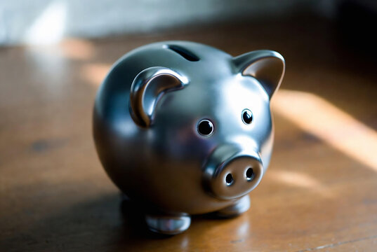 A small, metallic piggy bank rests on a wooden surface. It suggests saving and financial planning.