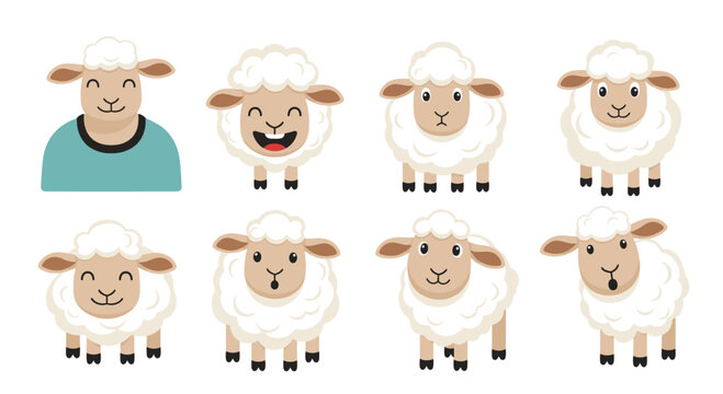 Set of cute sheep characters with various facial expressions like laughing and surprised shown in a simple vector art style on white.