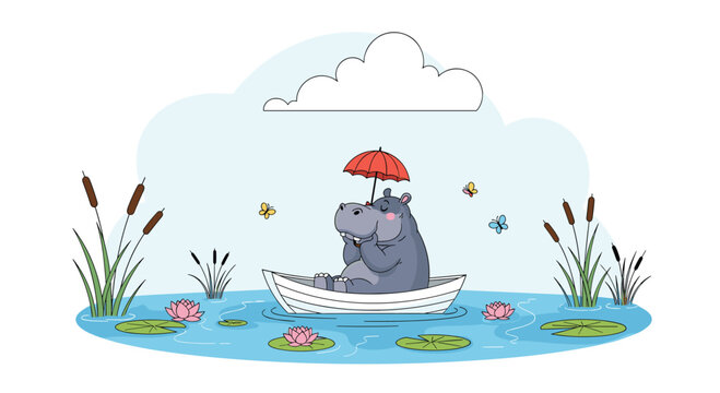 Cute hippo sitting in a small rowboat on a pond with water lilies and butterflies under a single cloud on a white background.