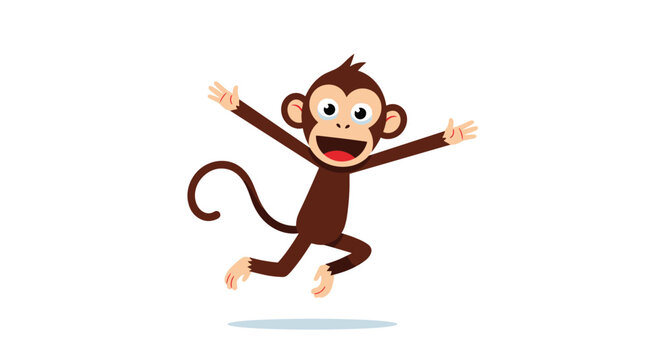 Happy monkey cartoon character jumping with its arms wide open and a big smile showing its energetic personality on white.