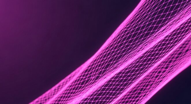 Abstract glowing pink mesh wave on dark purple background, generative ai and technology concept