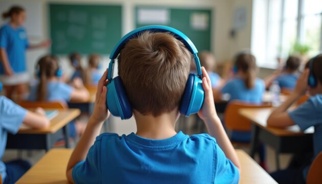Autistic child boy wears headphones in classroom. He blocks noise for sensory regulation. Focuses on learning despite ADHD or spectrum challenges. Support and inclusion for special needs kids.
