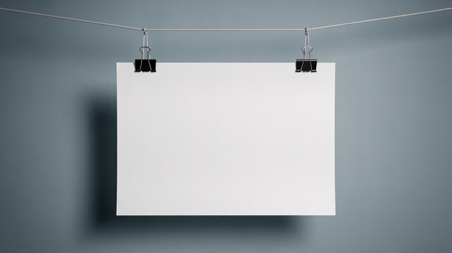 A blank white poster hanging from a string with black binder clips on a gray background