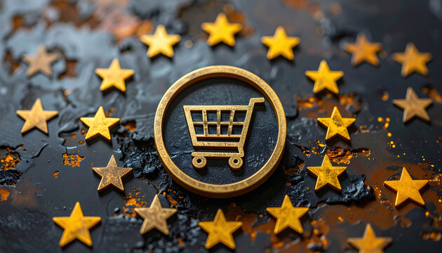 Online review star rating customer feedback management ecommerce symbol shopping cart dark background, business quality service evaluation concept