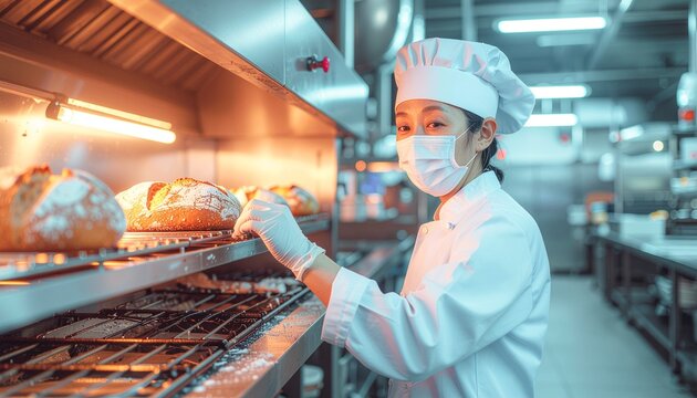 Portrait de boulang&egrave;re portant un masque et un bonnet, sortant des pains frais du four, cuisine industrielle