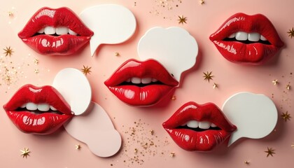 Obraz premium Open red lips with white teeth and speech bubbles symbolize conversation and ideas. Glittering stars add festive sparkle. Graphic design for communication concepts and expressions.