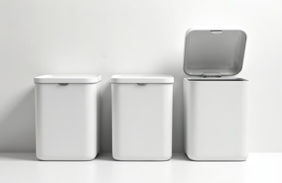 Three white rubbish cans stand in row against white wall. One bin lid open revealing empty interior. Modern containers smooth rounded edges, simple design perfect for home office kitchen use.