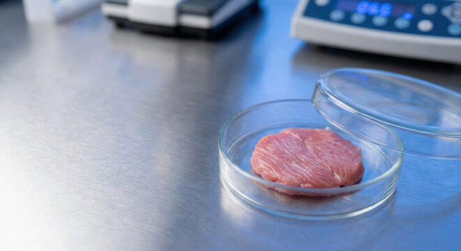 Food tech alternative proteins cultured meat sample petri dish laboratory bench with glass lid sustainable nutrition concept clean research setting
