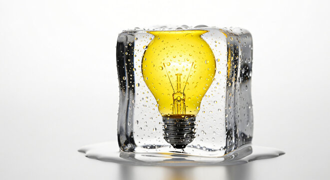 Bright yellow light bulb trapped inside melting ice cube on white surface representing fresh ideas and frozen concepts.