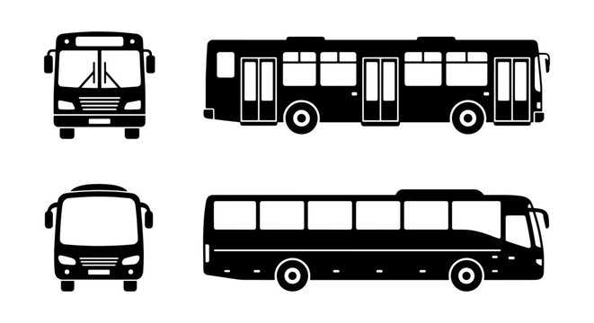Public bus vector icons set, city transport and shuttle coach silhouettes, front and side view of passenger bus vehicles for transit maps