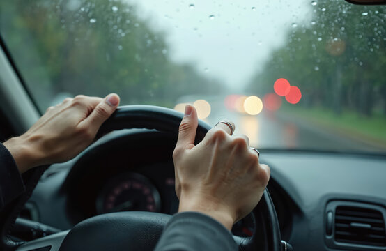 Hands grip car wheel nervously on rainy day. Water drops on windshield obscure view of road and car lights ahead. Driving in bad weather conditions.