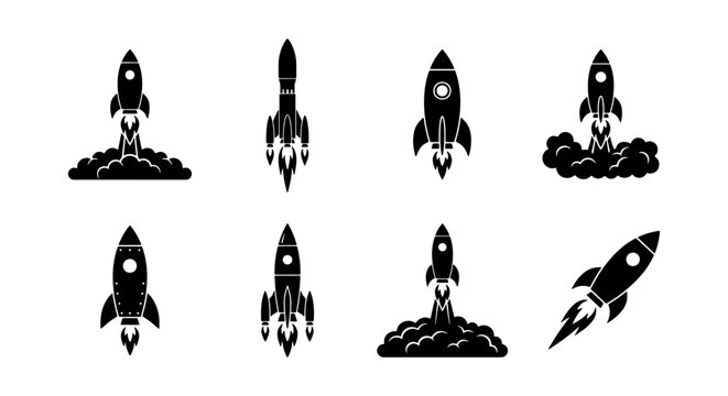 Rocket ship launch icons set, black silhouette space shuttle vector collection, 8 spaceship startup symbols with smoke and fire clouds