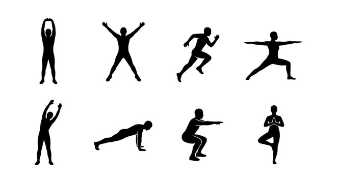 Fitness silhouette collection of 8 workout icons, athletic people exercising and yoga poses, black vector set for gym and wellness branding