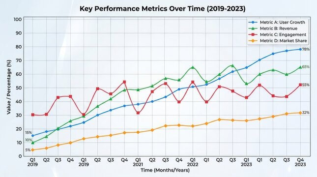 A line graph showing key performance metrics over time (2019-2023) with data points for user growth, revenue, engagement, and market share.