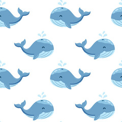 Fototapeta premium Cute Blue Whale Cartoon Vector Seamless Pattern for Kids