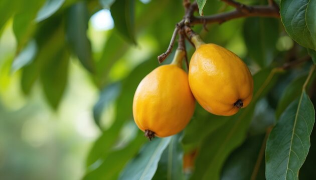 Two ripe yellow Canistel fruits hang from a tree branch with green leaves. These tropical Pouteria Campechiana are ready for harvest. They offer natural sweet taste.