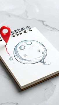 Real estate location pin notebook housing market trends Property sketch notebook with location pin showing housing market