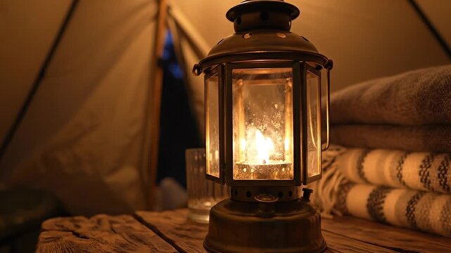 Single Candle Lantern Glowing Inside Humanitarian Tent at Night