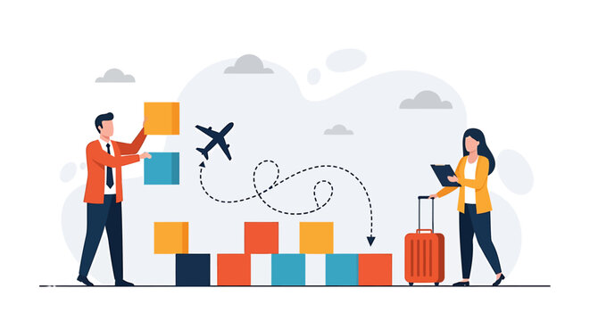 Business people planning travel route with airplane and luggage illustration.