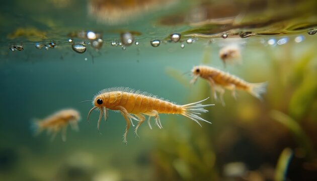 Small mayfly larvae swim near water surface in fresh water river. Tiny nymph insects move through aquatic plants. Bubbles rise in clean natural habitat.