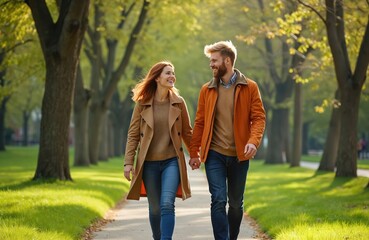 Fototapeta premium Happy couple holds hands walking on park path amid green trees and sunshine. Man and woman in casual coats smile, enjoying spring day outdoors. Relationship, romance, leisure time.