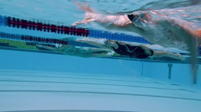 Three swimmers are performing a freestyle stroke in a competition pool. The underwater view captures their synchronized movements and focused expressions.