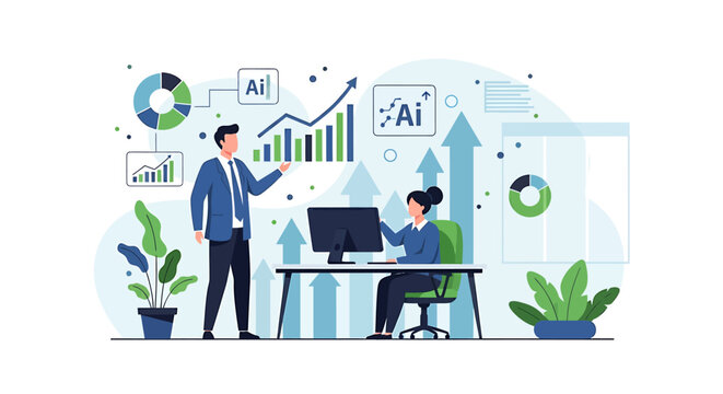 Business professionals analyzing data and charts with AI technology.