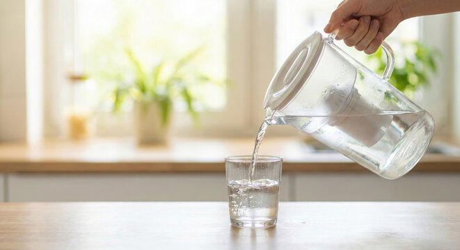 Pouring water glass pitcher hand kitchen hydration quiet luxury daily routine kitchen counter while hand pouring fresh water from glass pitcher