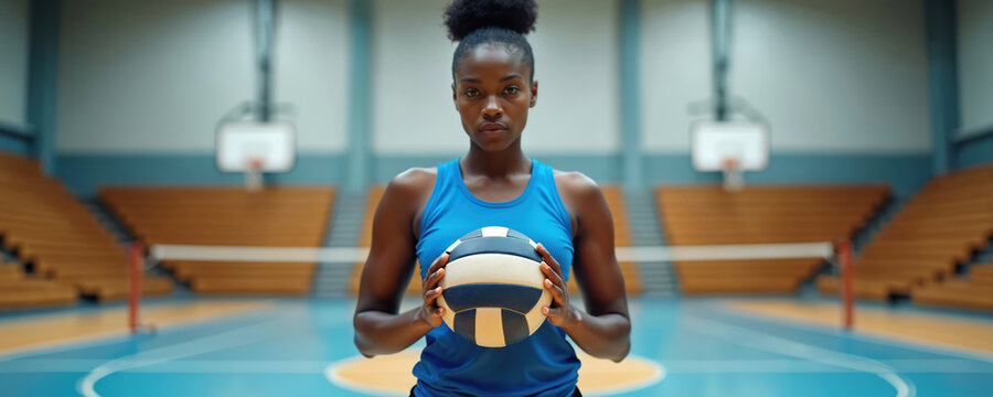 Black female volleyball player holds ball on indoor court. Determined athlete in blue tank top poses for camera. Team sport, fitness and active lifestyle concept.