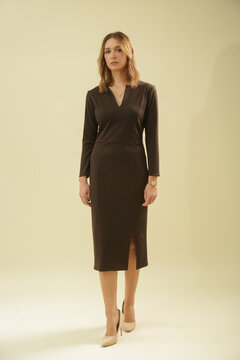 Studio Fashion Portrait of Woman in Tailored Brown Midi Dress with Long Sleeves &ndash; Business Style