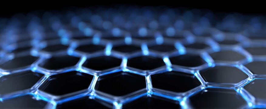 Transparent blue hexagon grid on black 3D surface with reflective crystalline tiles.