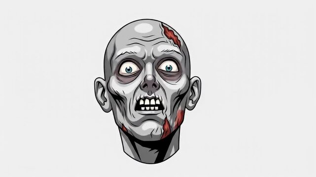 Cartoon style zombie head with visible wounds against a solid white background